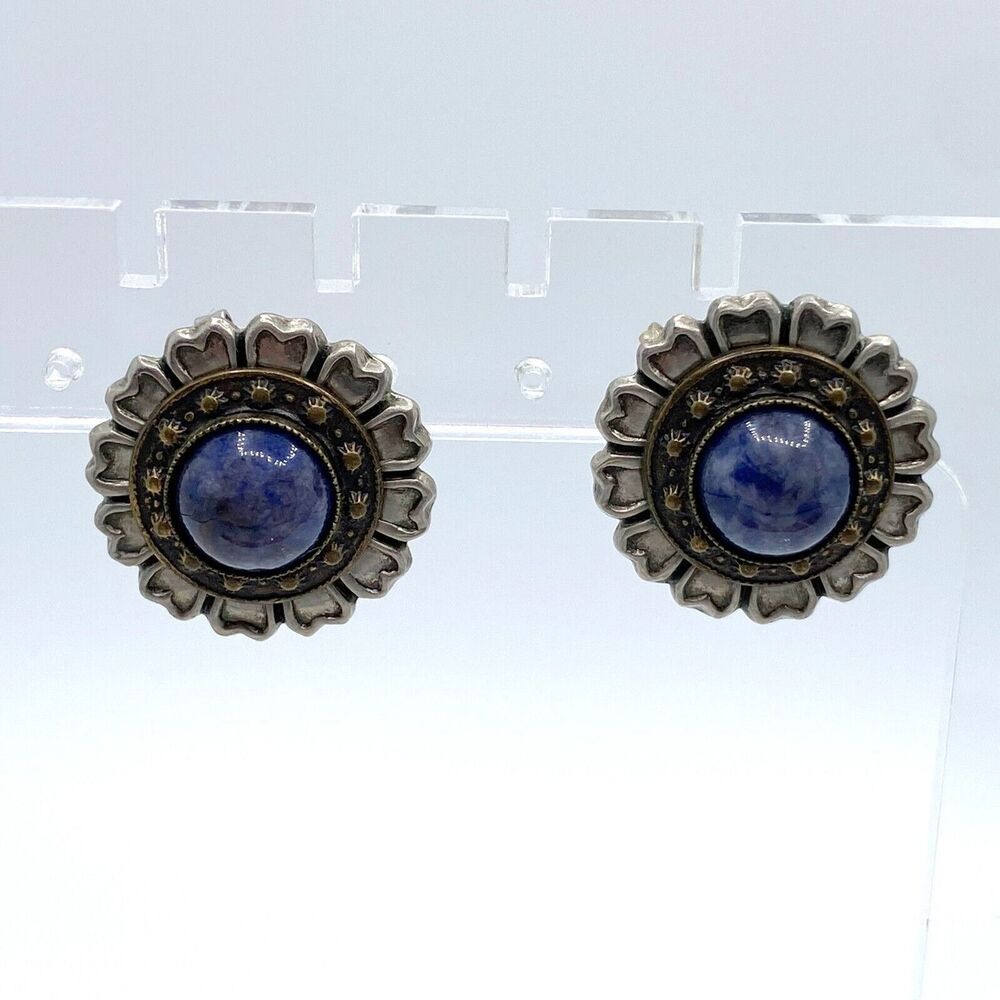 Silver tone round flower blue glass earrings post pierced art deco